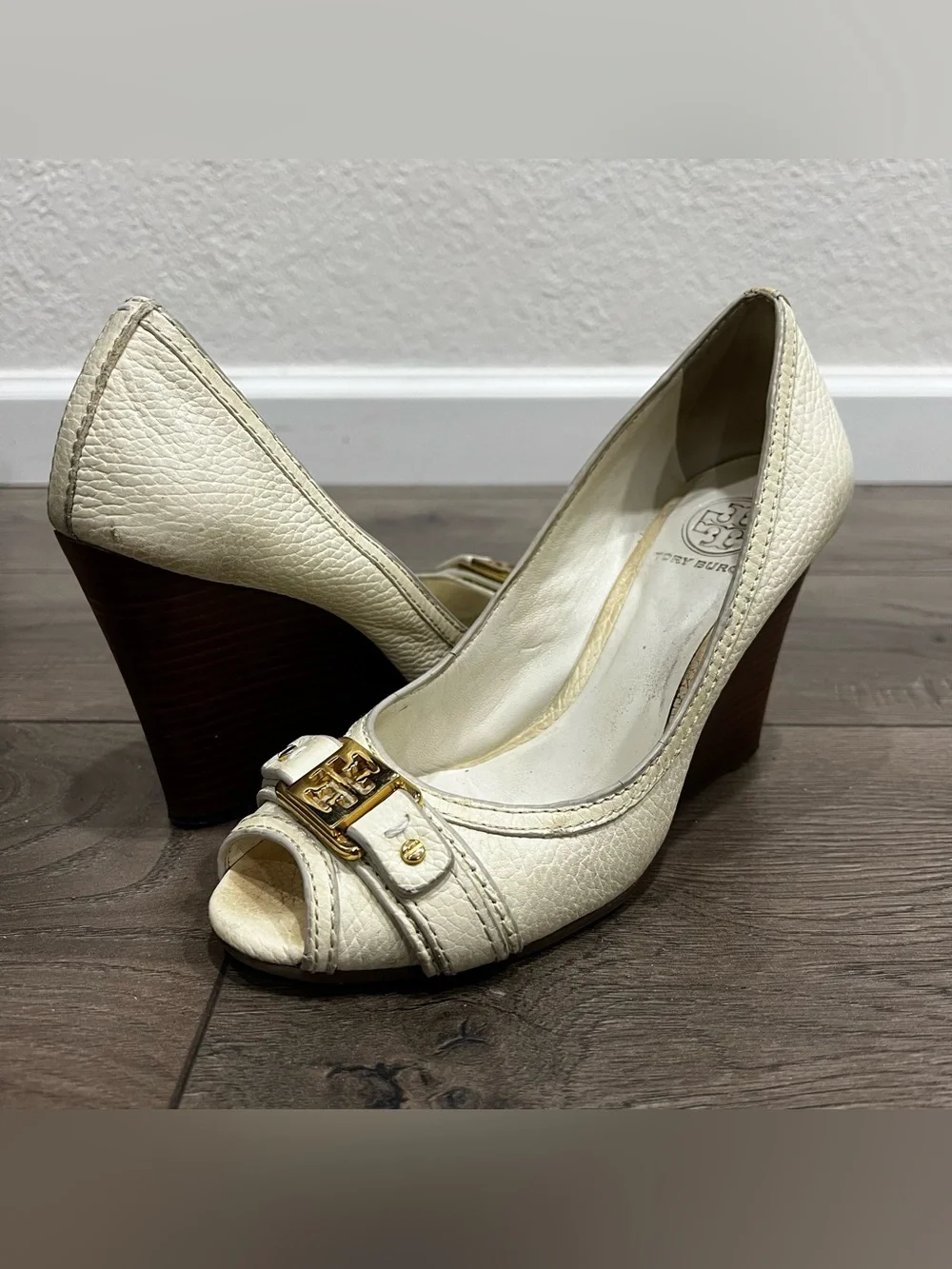 [Sold] Tory Burch Sz.7.5 Leather Peep-Toe Wedge Heels with Gold Accent